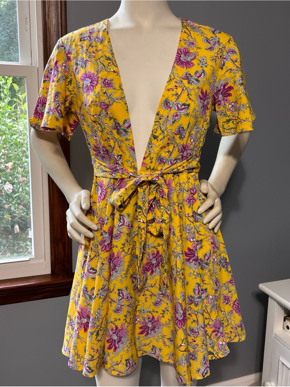 Myra Bag Yellow Floral Tie-Waist Deep Plunge Mini Dress Cottagecore NEW